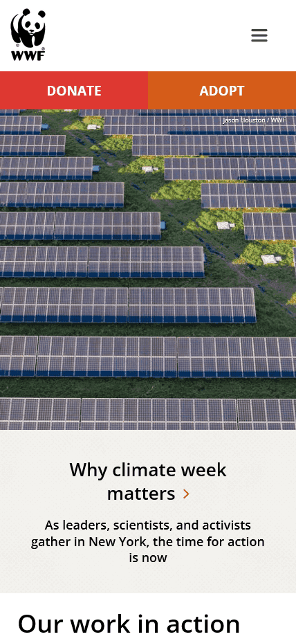 Screenshot of World Wildlife Fund website on a mobile device with photo and donation buttons